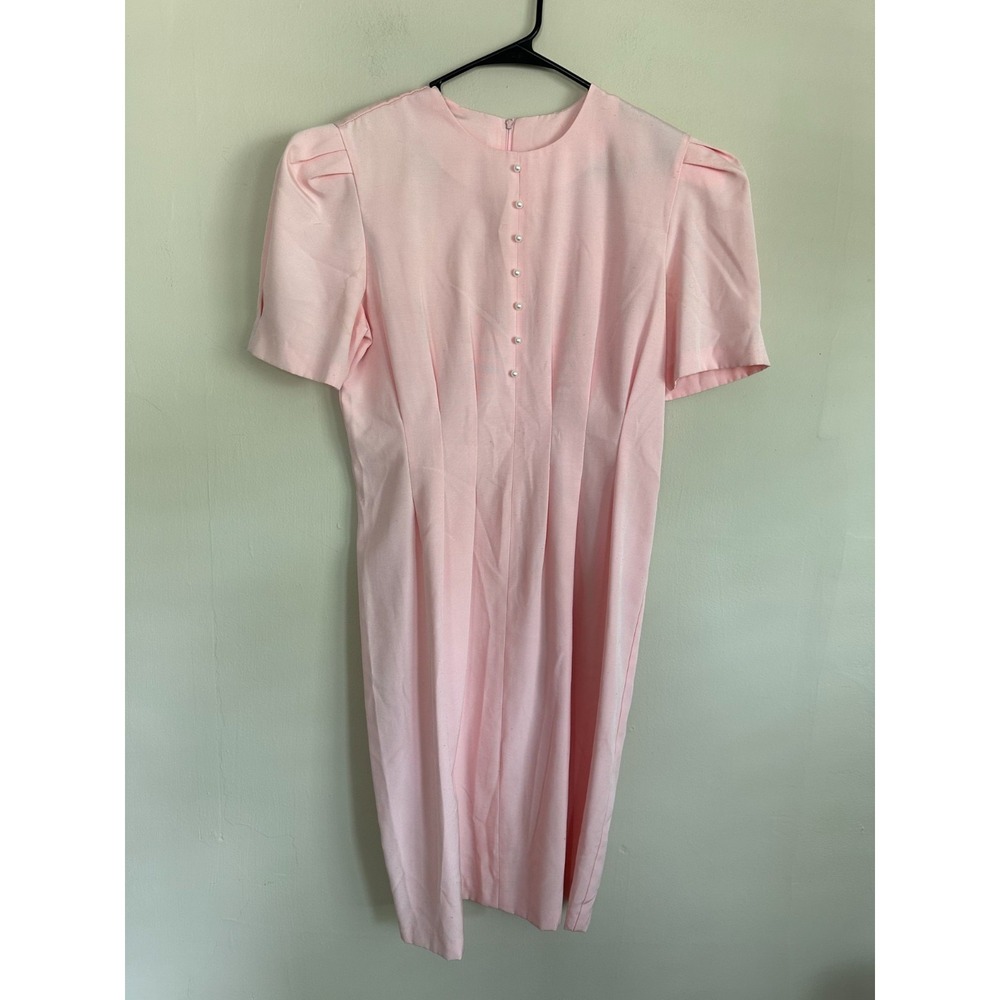 VTG 50s Dress 11/12 Light Pink Pleated Pearl Button Puff Sleeve Back Zip